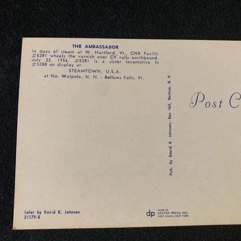 The Ambassador CNR Pacific #5281 West Hartford VT Vermont 1956 Postcard UNP